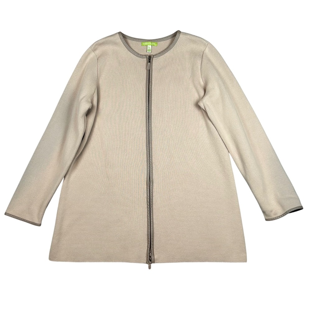 Sigrid Olsen Zip Cardigan Womens 1X Tan Cotton Knit Leather Trim Coat Mature